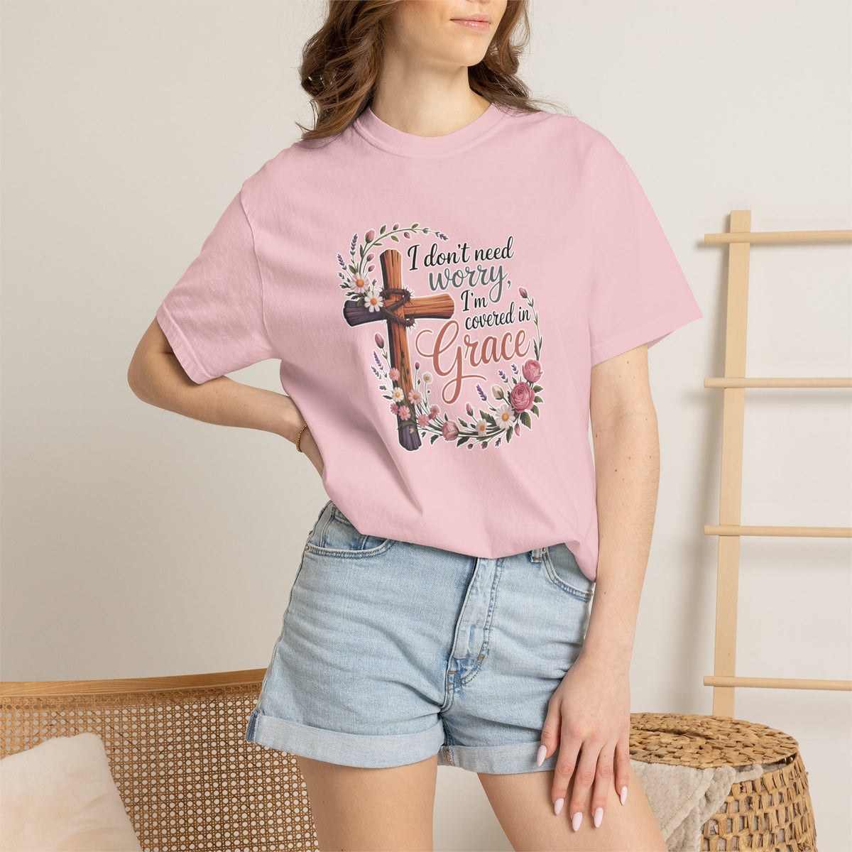 Grace Cross T‑Shirt — "I Don't Need Worry, I'm Covered in Grace" Christian Faith Tee