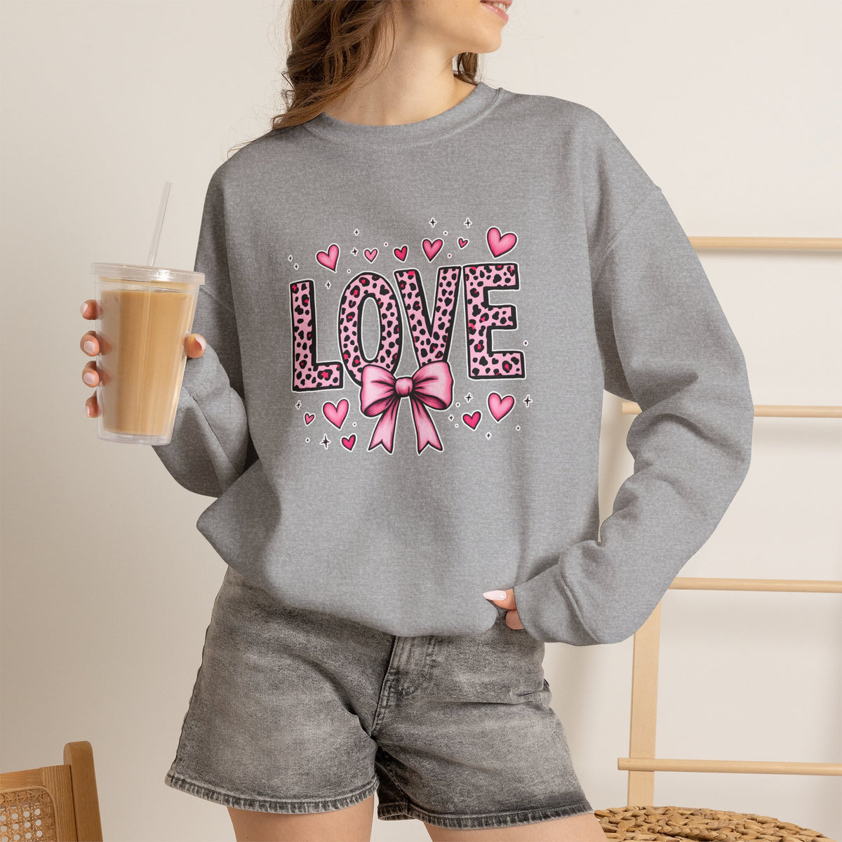Love Leopard Bow Crewneck Sweatshirt — Cute Pink Heart Valentine Pullover