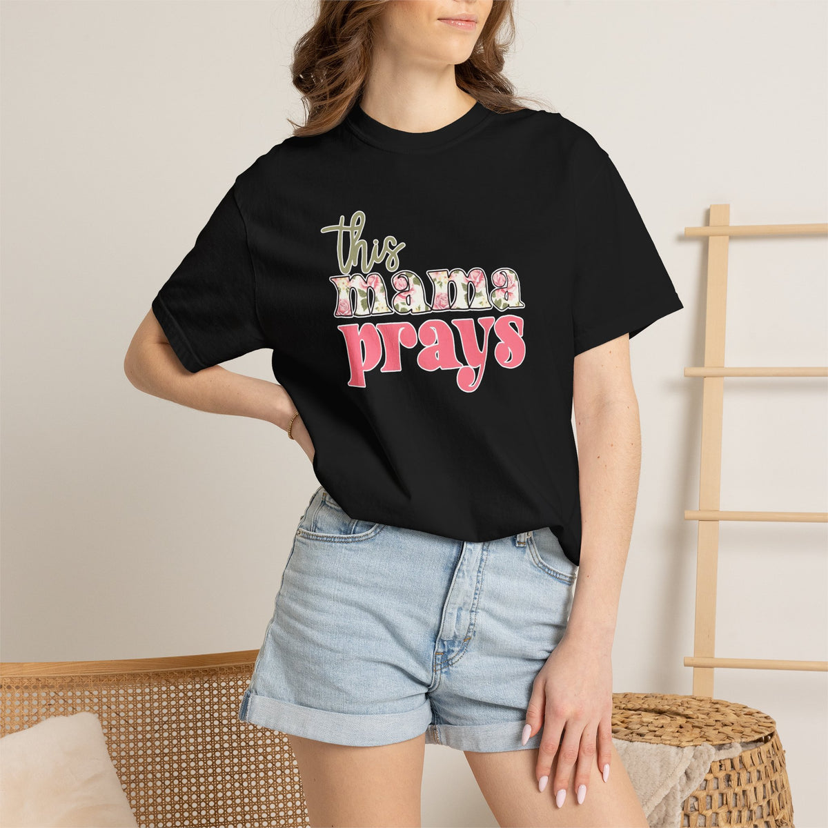 This Mama Prays T-Shirt — Floral Script Christian Mom Tee