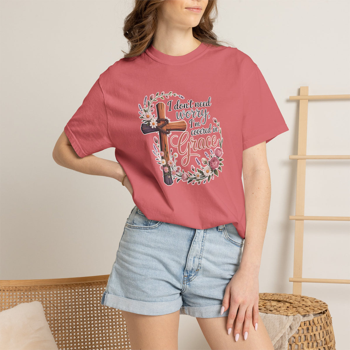 Grace Cross T‑Shirt — "I Don't Need Worry, I'm Covered in Grace" Christian Faith Tee