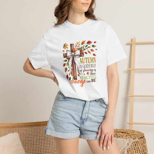 Autumn Is God’s Way Tee — Fall Leaves & Cross Inspirational T-Shirt