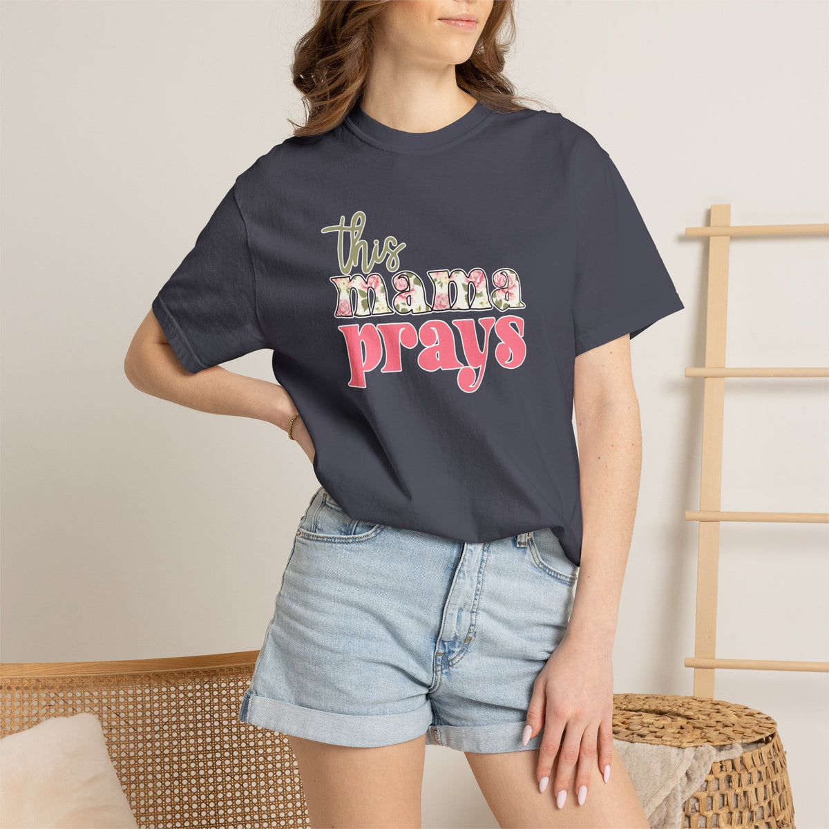 This Mama Prays T-Shirt — Floral Script Christian Mom Tee