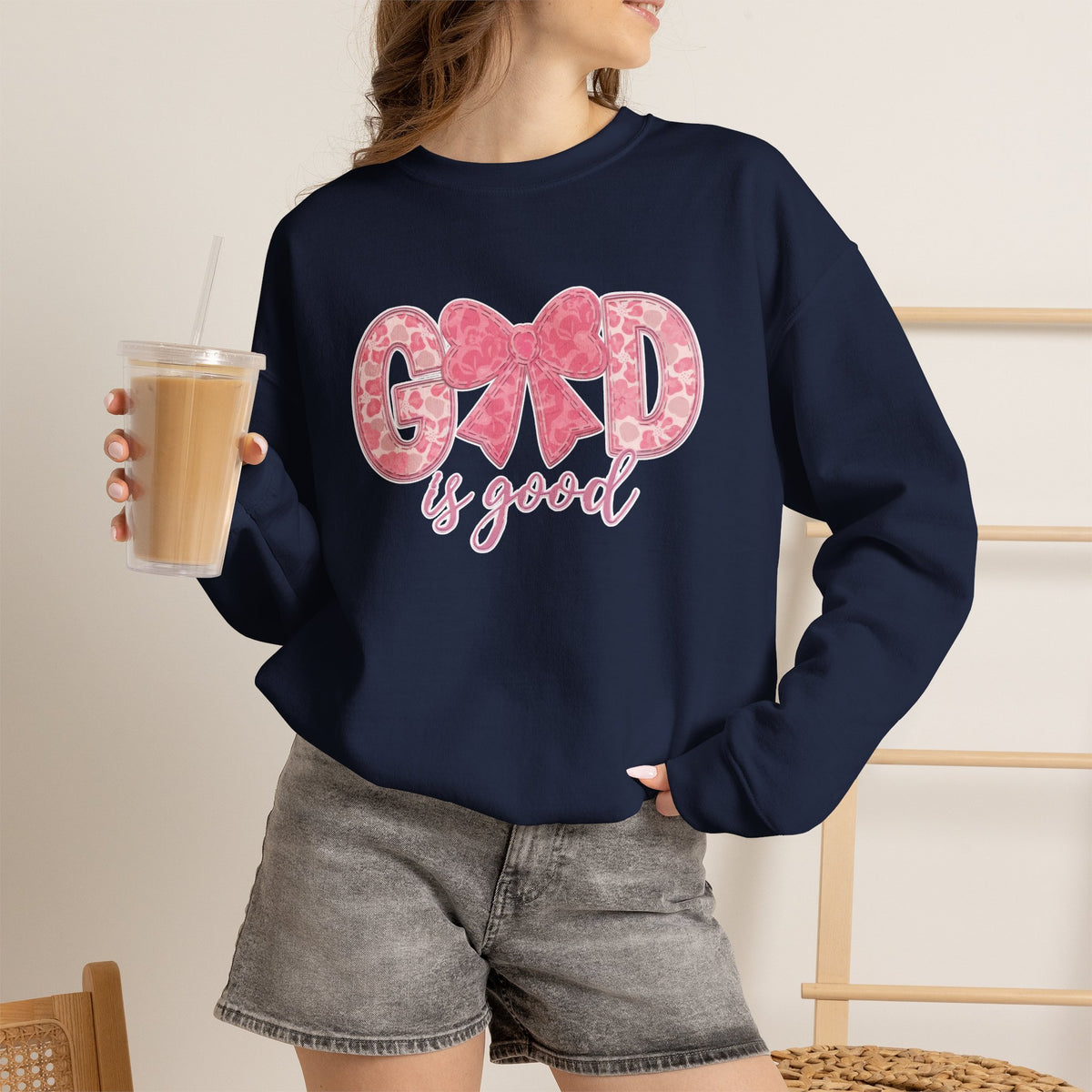 Crewneck Sweatshirt — "God is Good" Pink Bow Christian Graphic