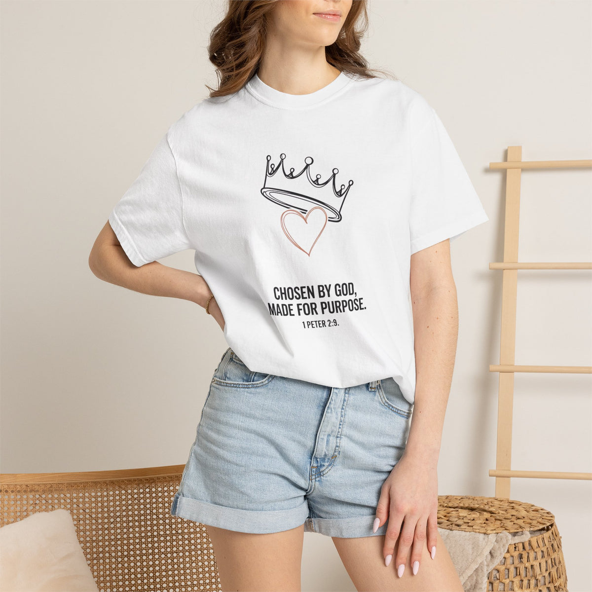 Christian Faith T-Shirt — “Chosen by God, Made for Purpose” Crown & Heart Tee