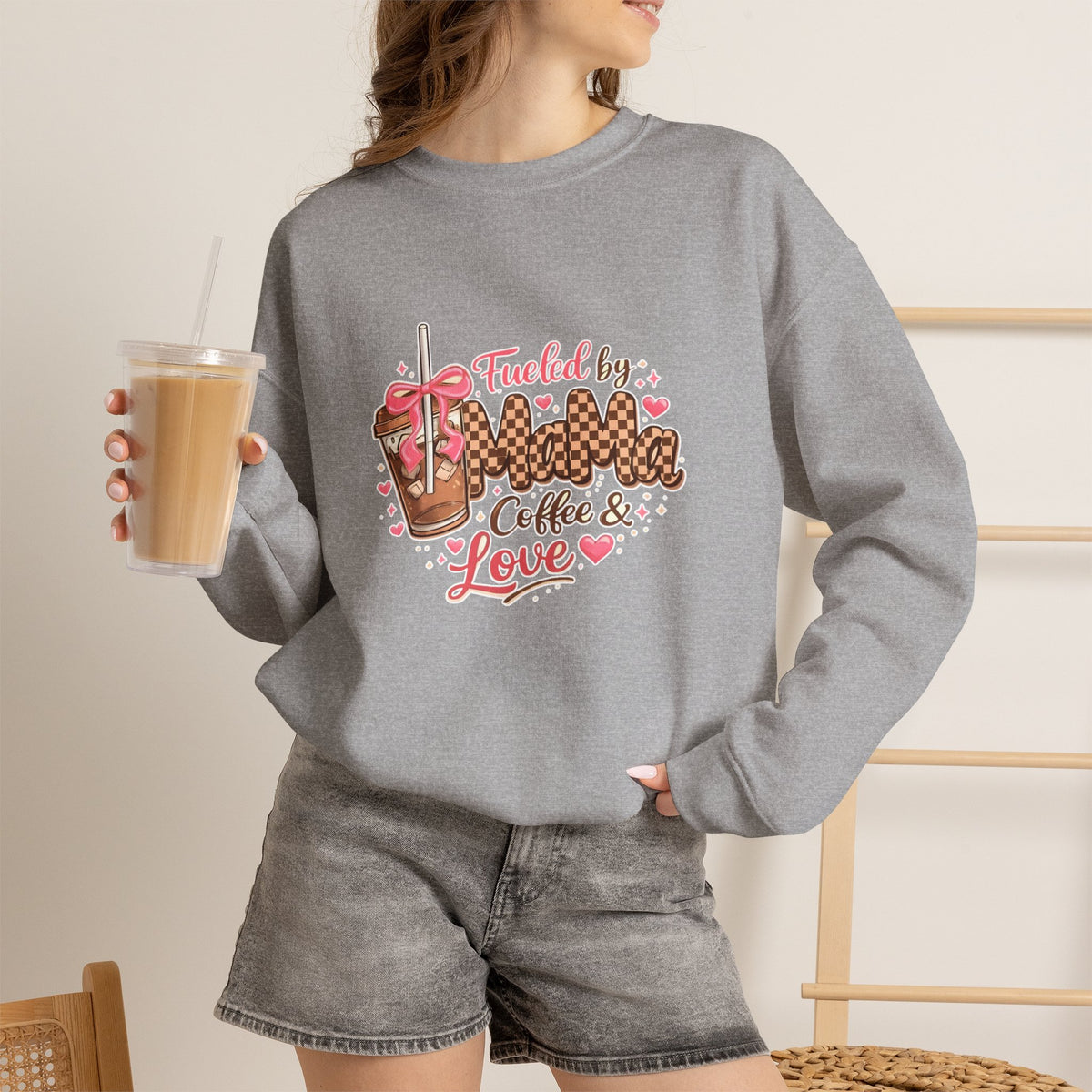 Crewneck Sweatshirt — "Fueled by Momma Coffee & Love" Cozy Leopard Coffee Design