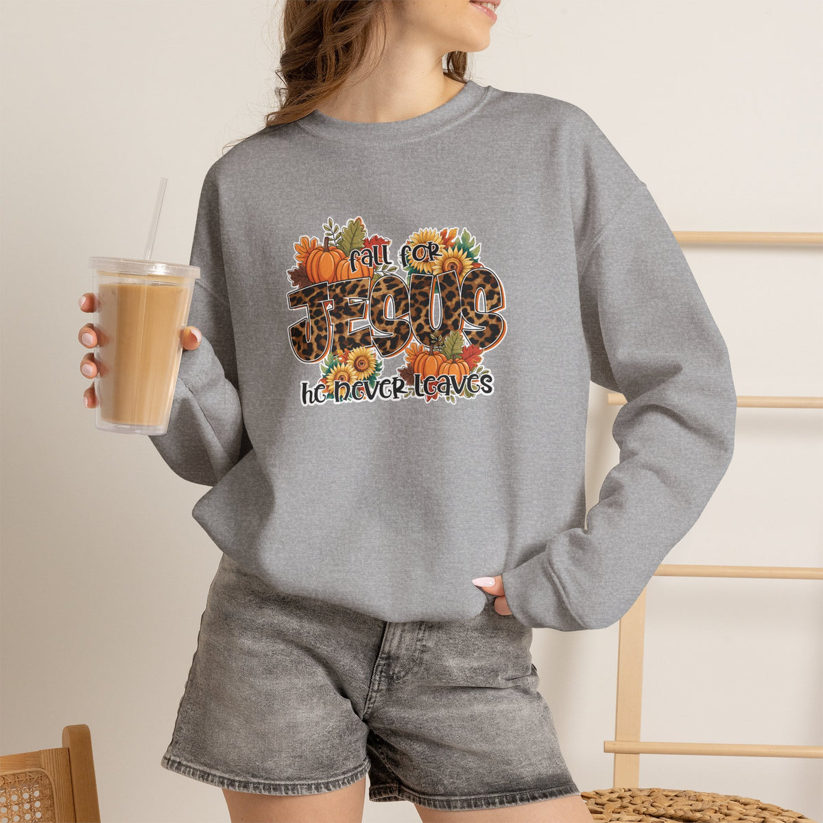 Fall Crewneck Sweatshirt - 'Hello Fall' Leopard Pumpkin Design
