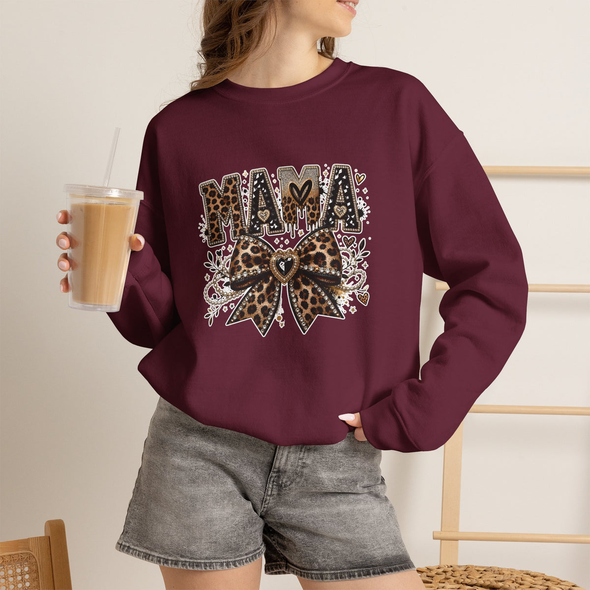 Mama Leopard Bow Crewneck Sweatshirt — Feminine Leopard Print Mama Pullover