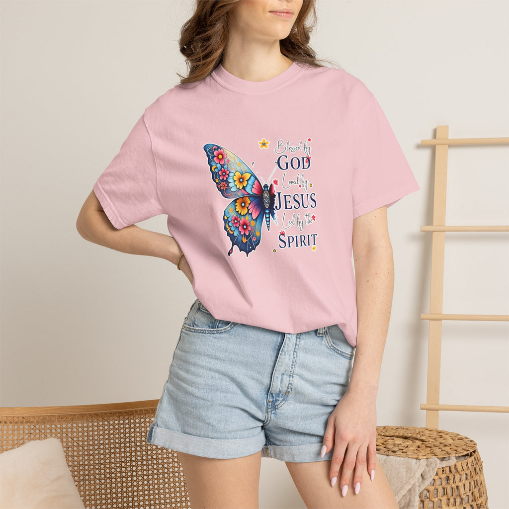 Faith Butterfly T-Shirt — Blessed by God, Filled by Jesus & the Spirit