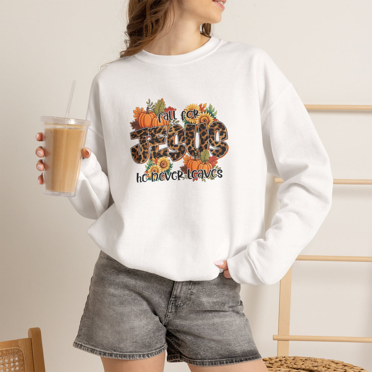 Fall Crewneck Sweatshirt - 'Hello Fall' Leopard Pumpkin Design