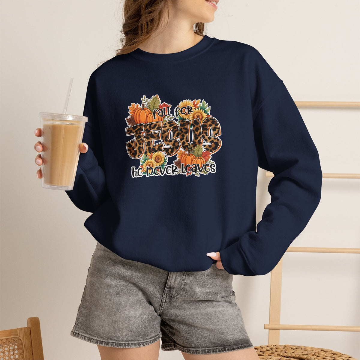 Fall Crewneck Sweatshirt - 'Hello Fall' Leopard Pumpkin Design