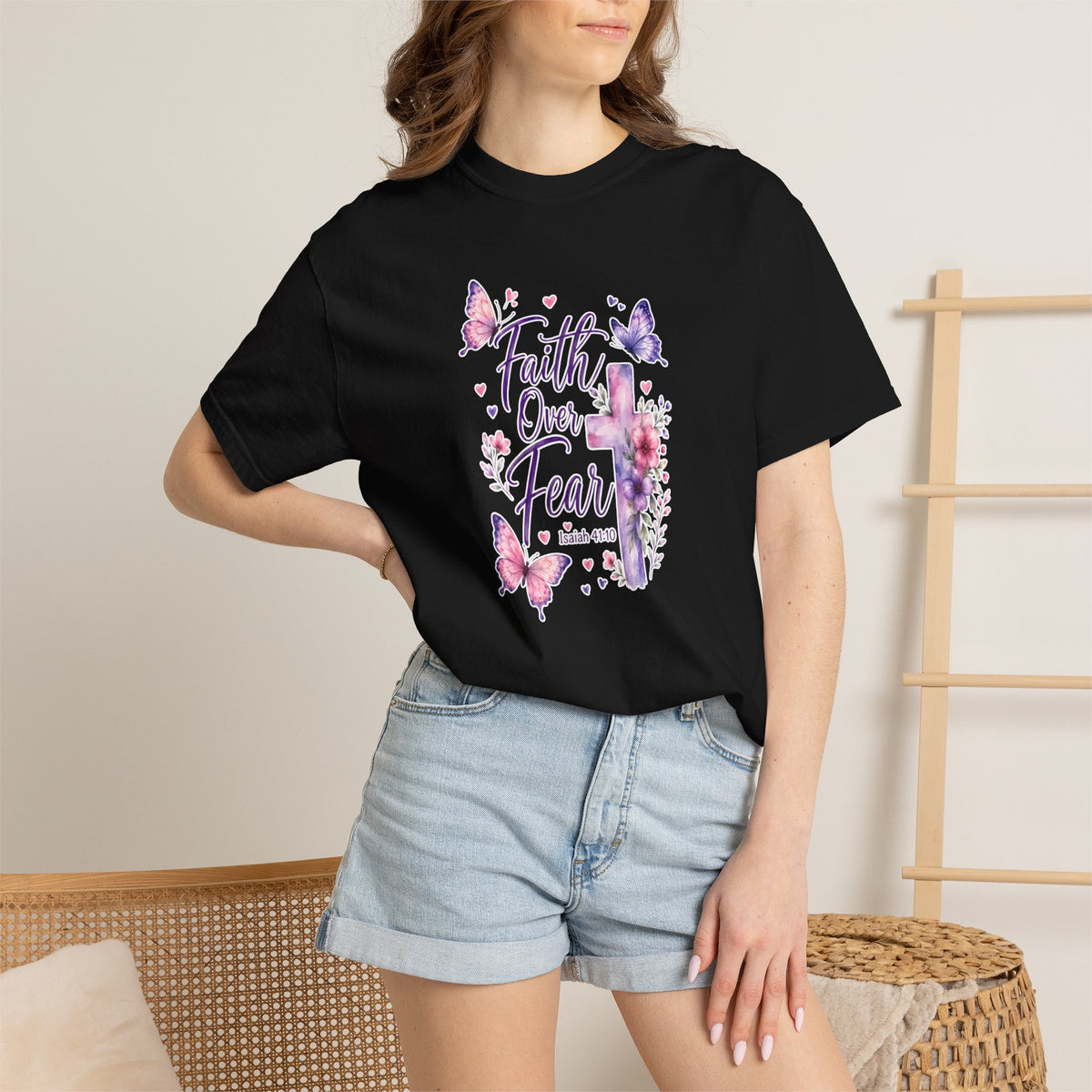 Faith Over Fear T-Shirt — Floral Butterfly Christian Tee