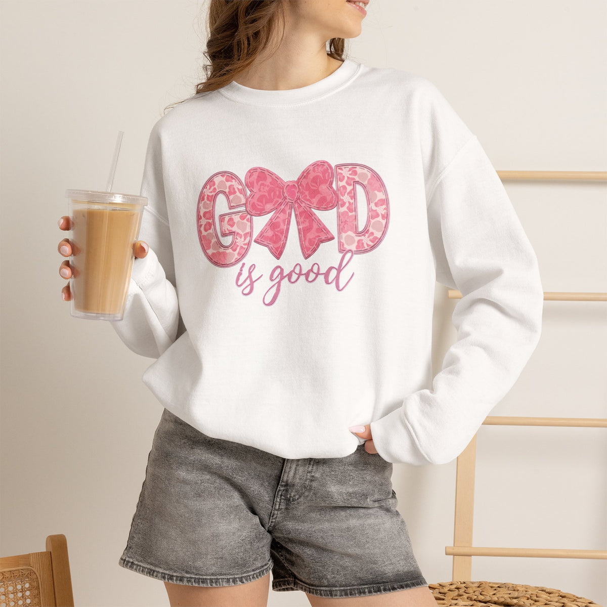 Crewneck Sweatshirt — "God is Good" Pink Bow Christian Graphic