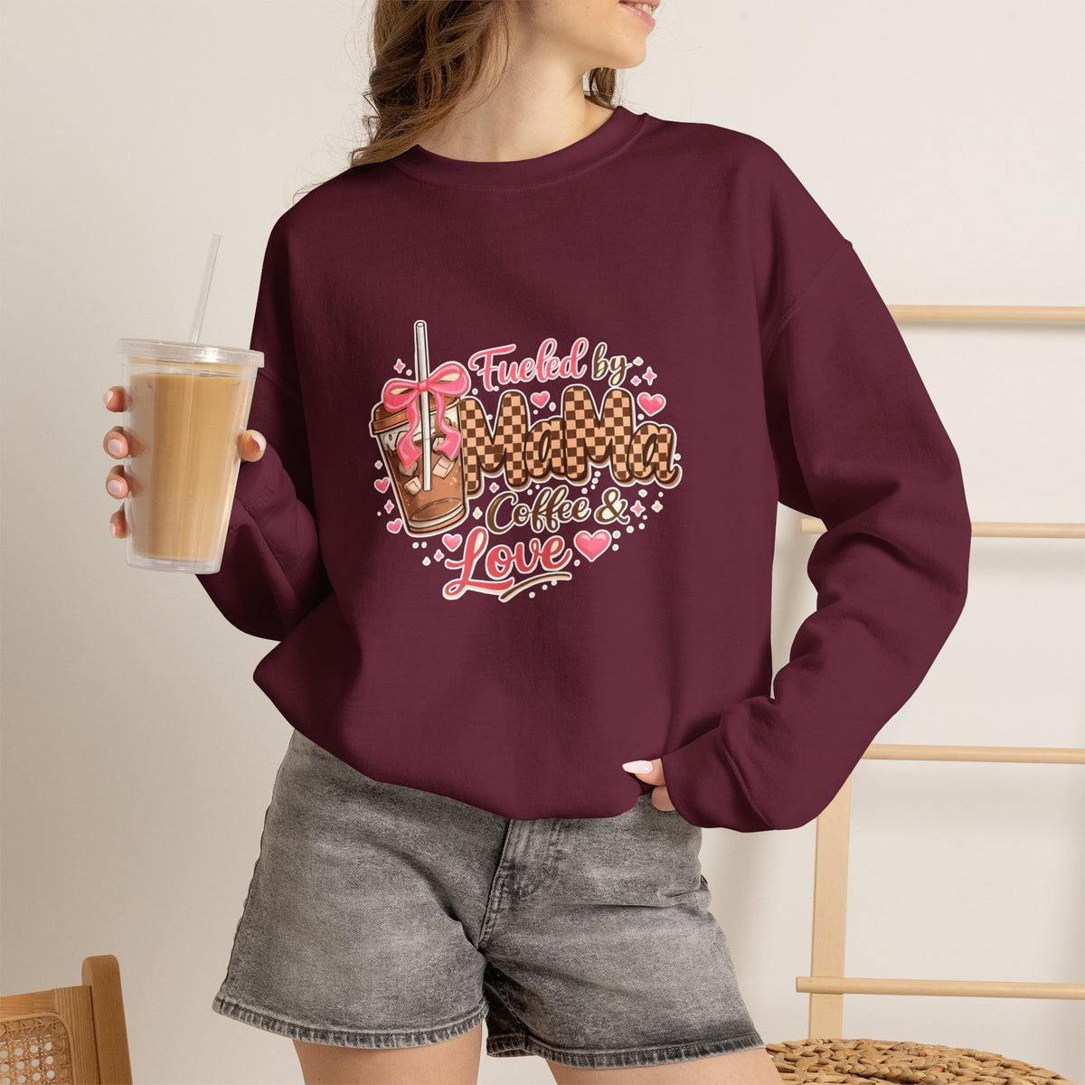 Crewneck Sweatshirt — "Fueled by Momma Coffee & Love" Cozy Leopard Coffee Design