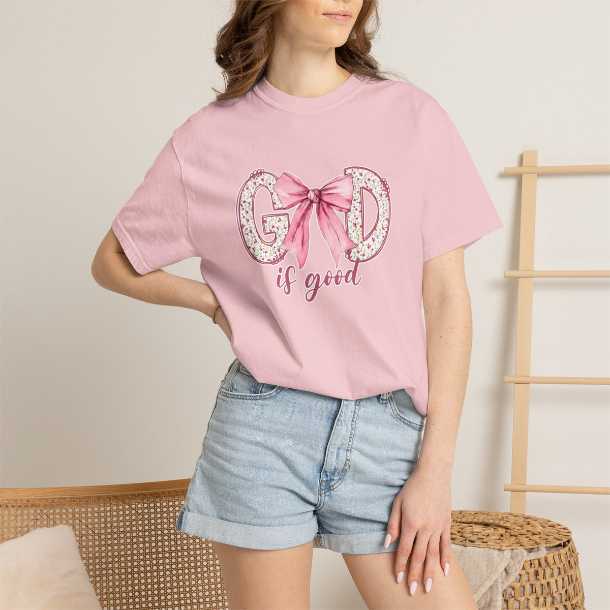 T-Shirt — "God Is Good" Pink Bow Floral Graphic