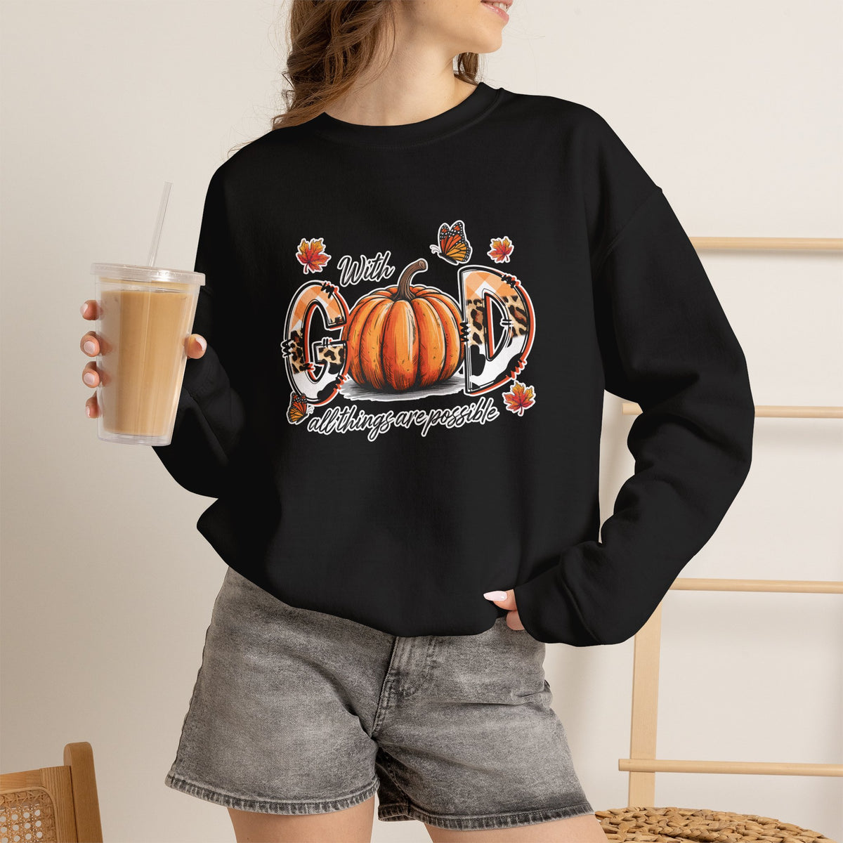 Crewneck Sweatshirt — "With God All Things Are Possible" Pumpkin Fall Faith Sweatshirt