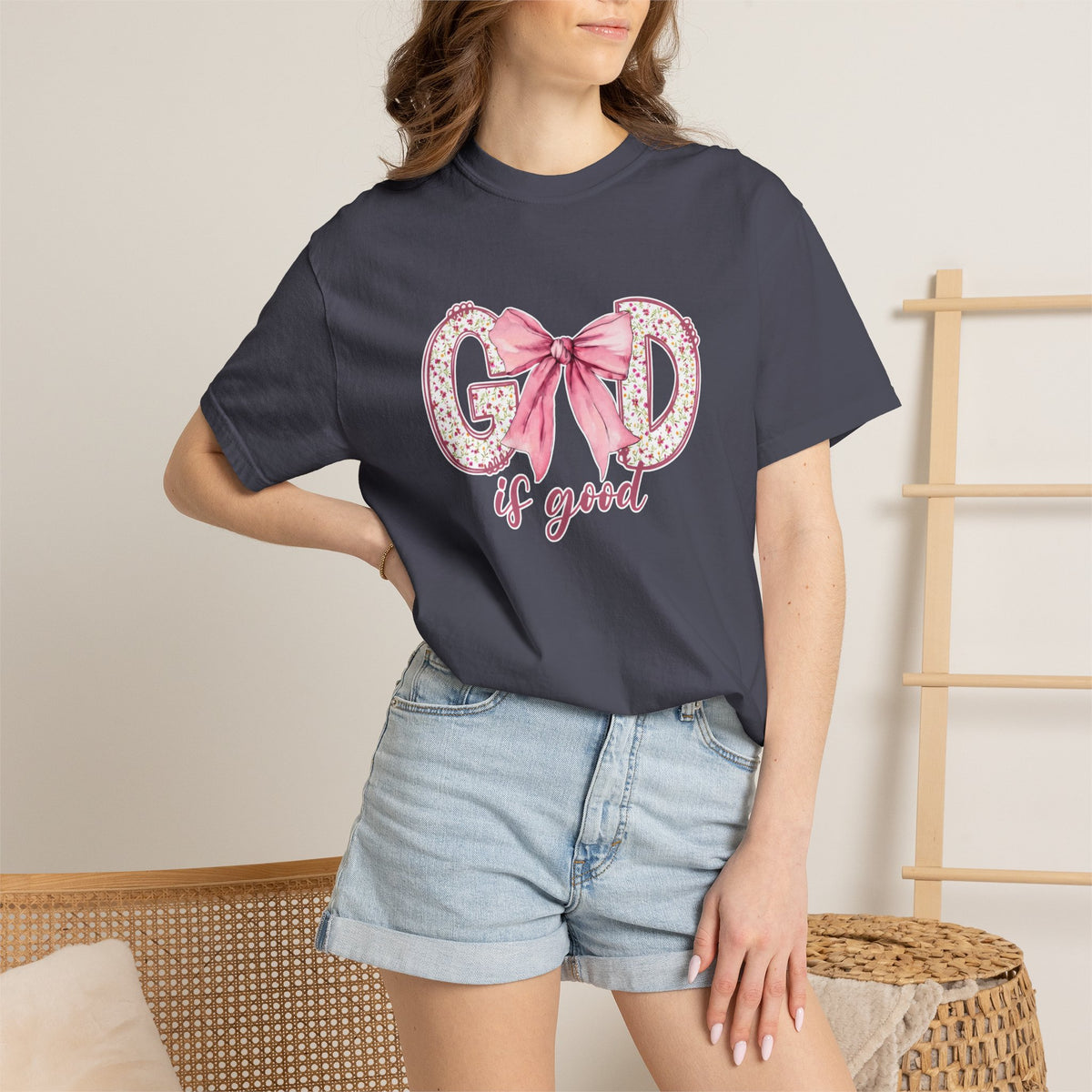 T-Shirt — "God Is Good" Pink Bow Floral Graphic