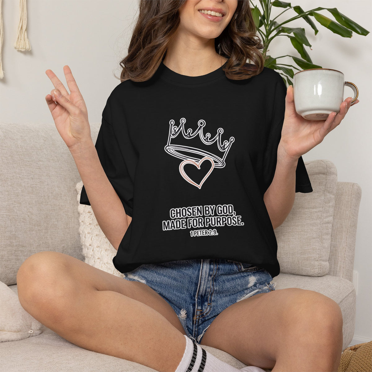 Christian Faith T-Shirt — “Chosen by God, Made for Purpose” Crown & Heart Tee