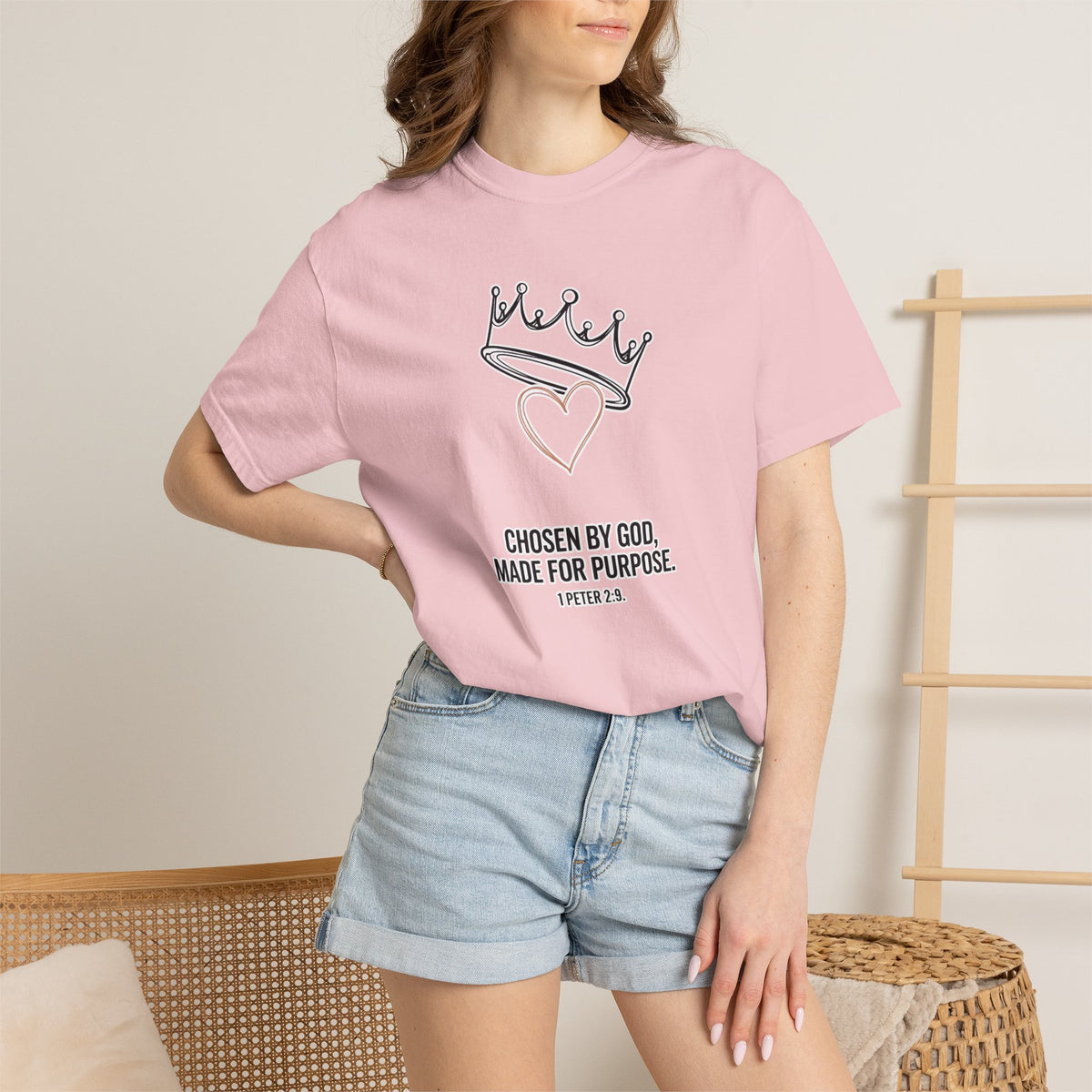 Christian Faith T-Shirt — “Chosen by God, Made for Purpose” Crown & Heart Tee