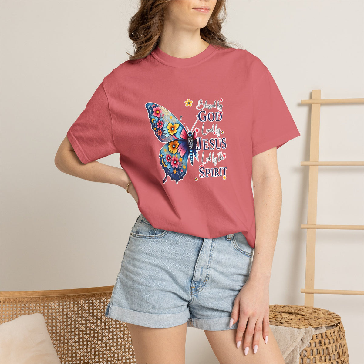 Faith Butterfly T-Shirt — Blessed by God, Filled by Jesus & the Spirit
