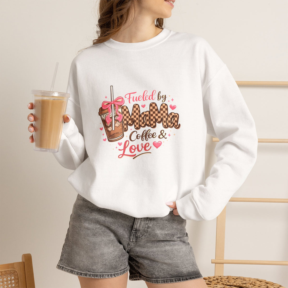 Crewneck Sweatshirt — "Fueled by Momma Coffee & Love" Cozy Leopard Coffee Design