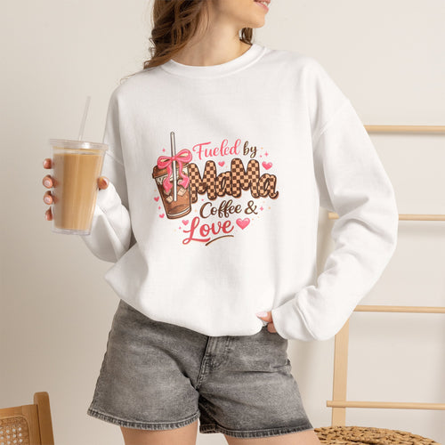 Crewneck Sweatshirt — "Fueled by Momma Coffee & Love" Cozy Leopard Coffee Design