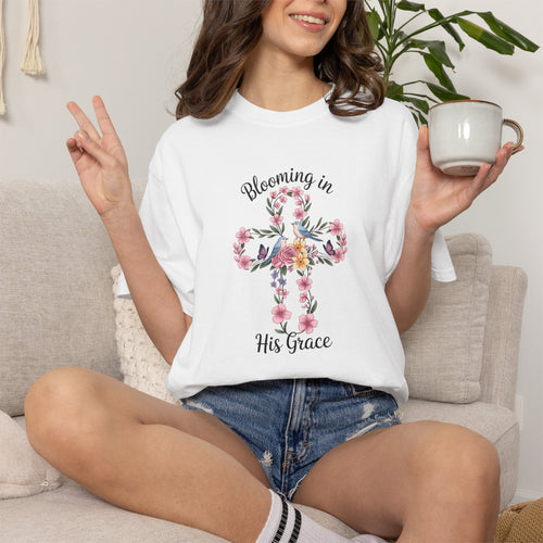 Blooming in His Grace Floral Cross T-Shirt