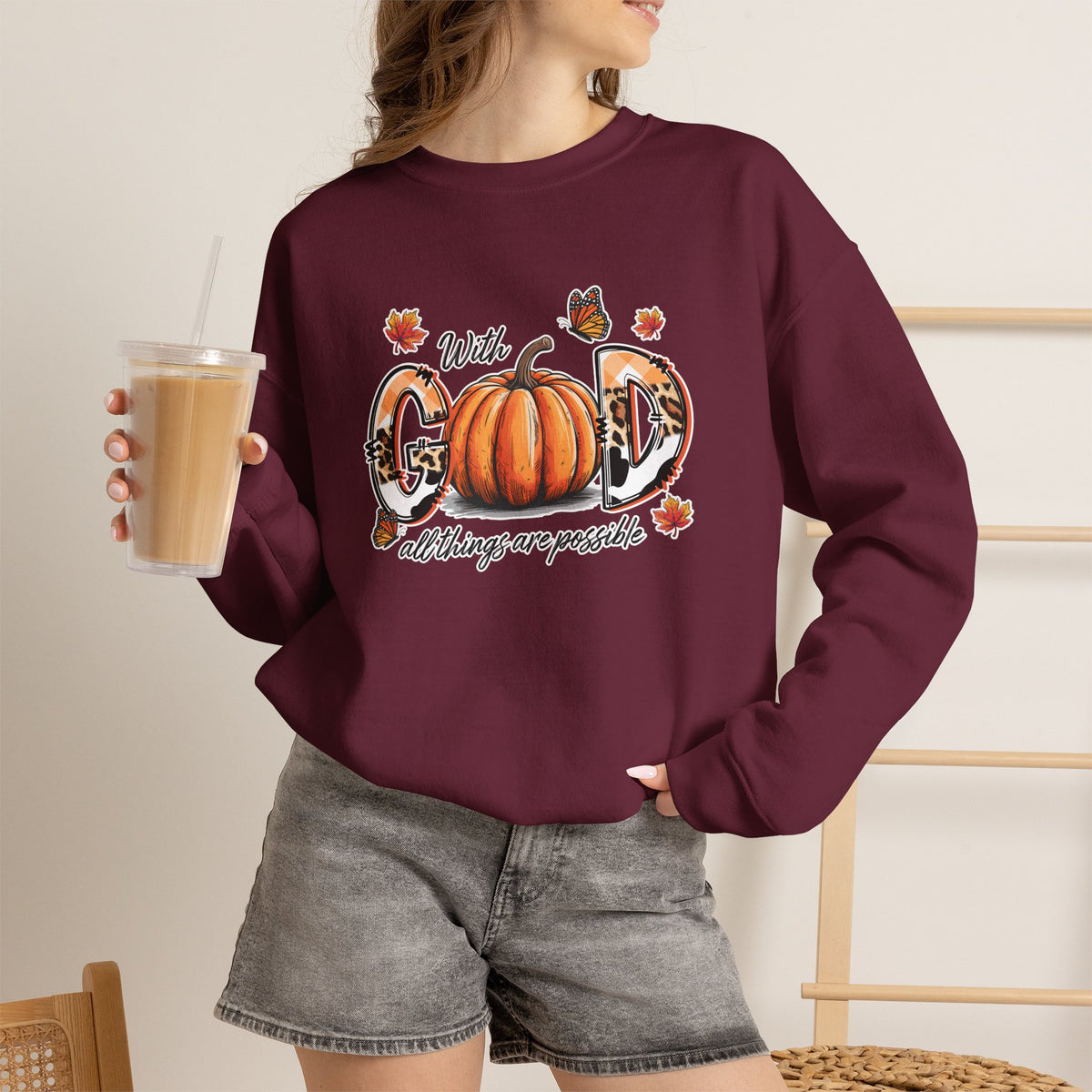 Crewneck Sweatshirt — "With God All Things Are Possible" Pumpkin Fall Faith Sweatshirt
