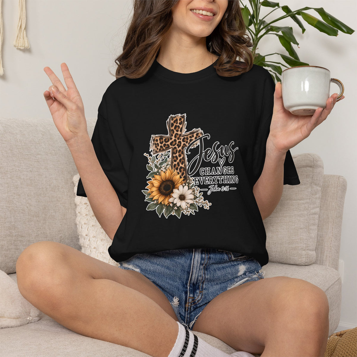 Jesus Changes Everything T-Shirt — Leopard Cross & Sunflower Faith Tee