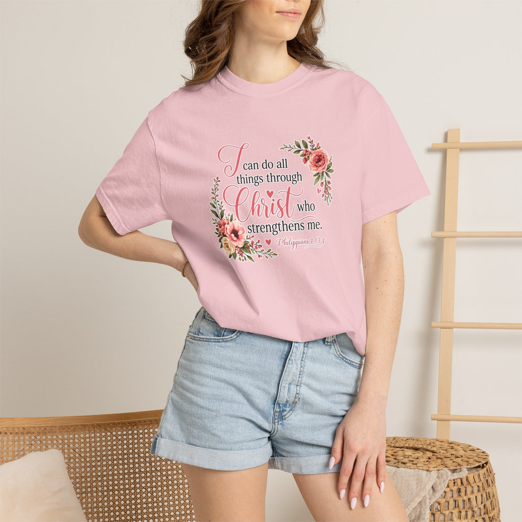 Christian Floral T-Shirt — "I Can Do All Things Through Christ" Scripture Tee