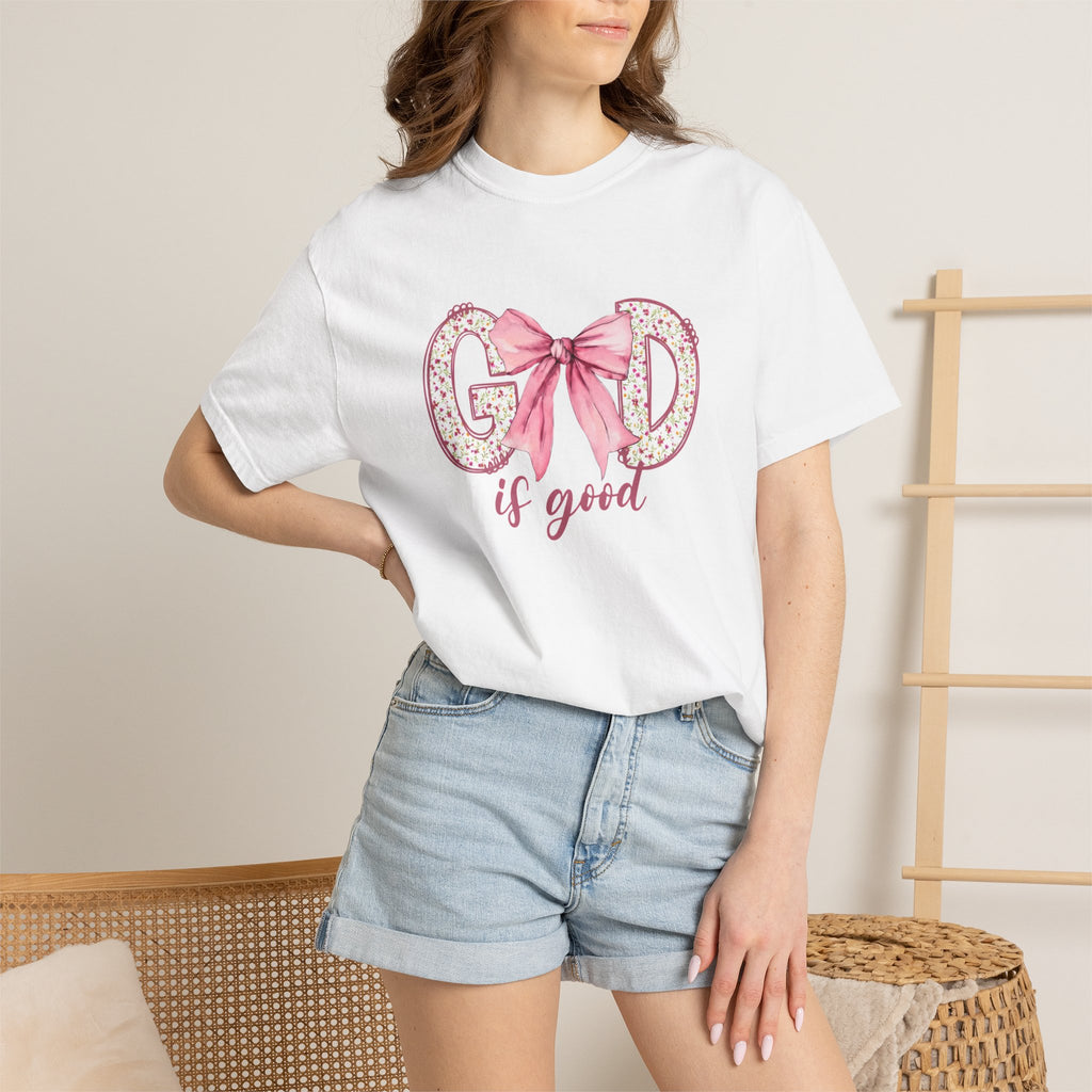 T-Shirt — "God Is Good" Pink Bow Floral Graphic