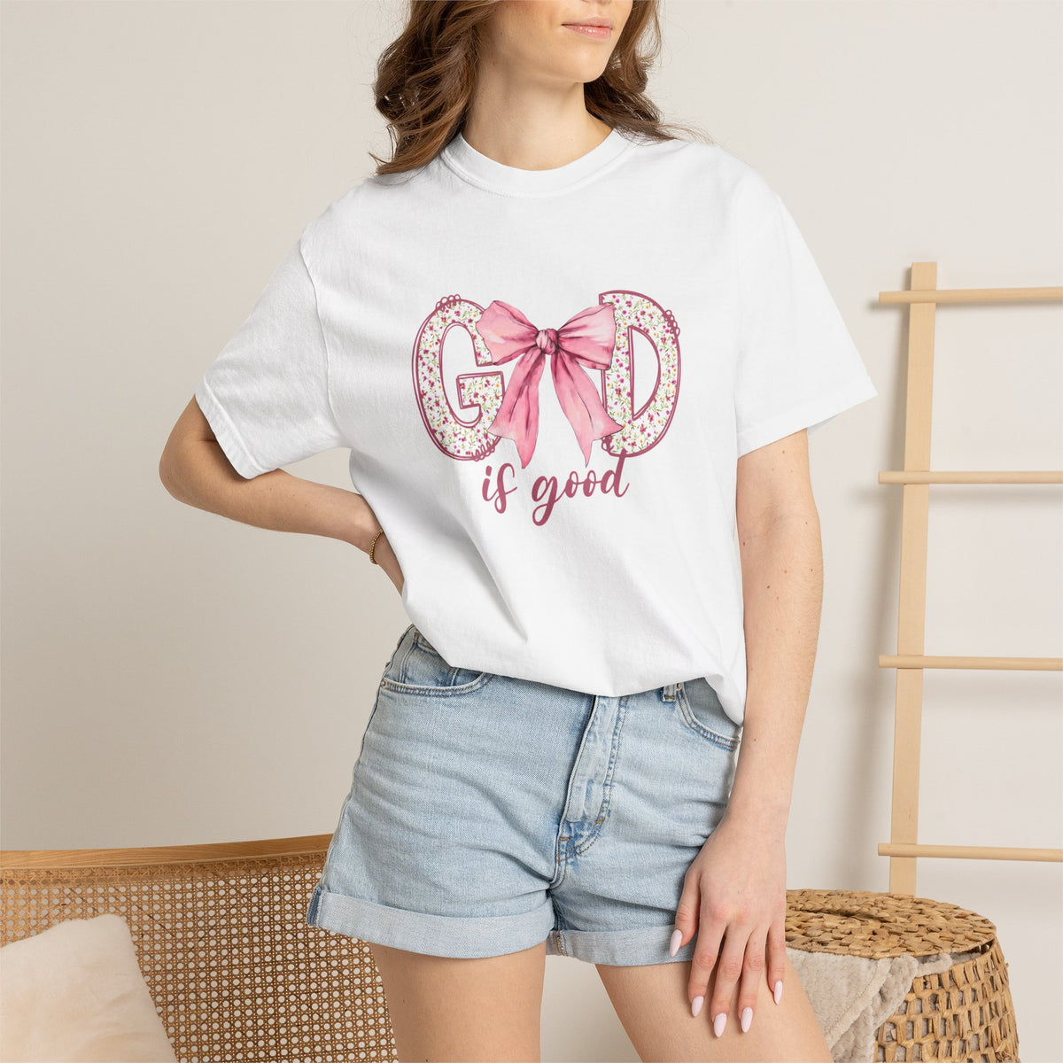 T-Shirt — "God Is Good" Pink Bow Floral Graphic