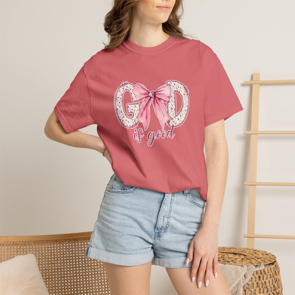 T-Shirt — "God Is Good" Pink Bow Floral Graphic