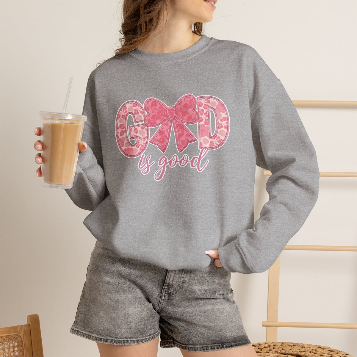 Crewneck Sweatshirt — "God is Good" Pink Bow Christian Graphic