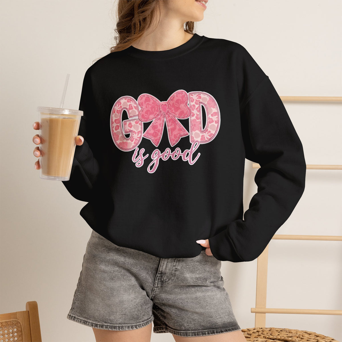 Crewneck Sweatshirt — "God is Good" Pink Bow Christian Graphic