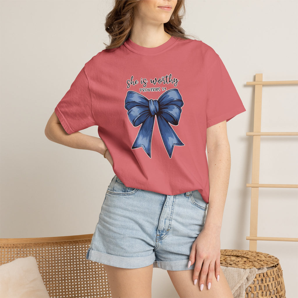 She Is Worthy Bow T-Shirt — Inspirational Christian Tee (Proverbs 31)
