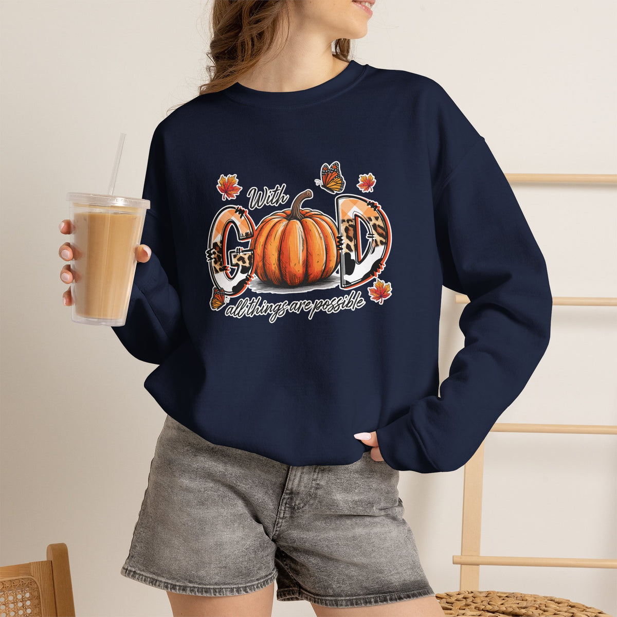 Crewneck Sweatshirt — "With God All Things Are Possible" Pumpkin Fall Faith Sweatshirt