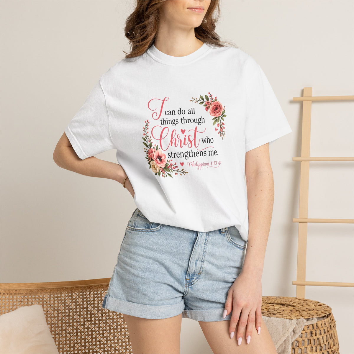 Christian Floral T-Shirt — "I Can Do All Things Through Christ" Scripture Tee