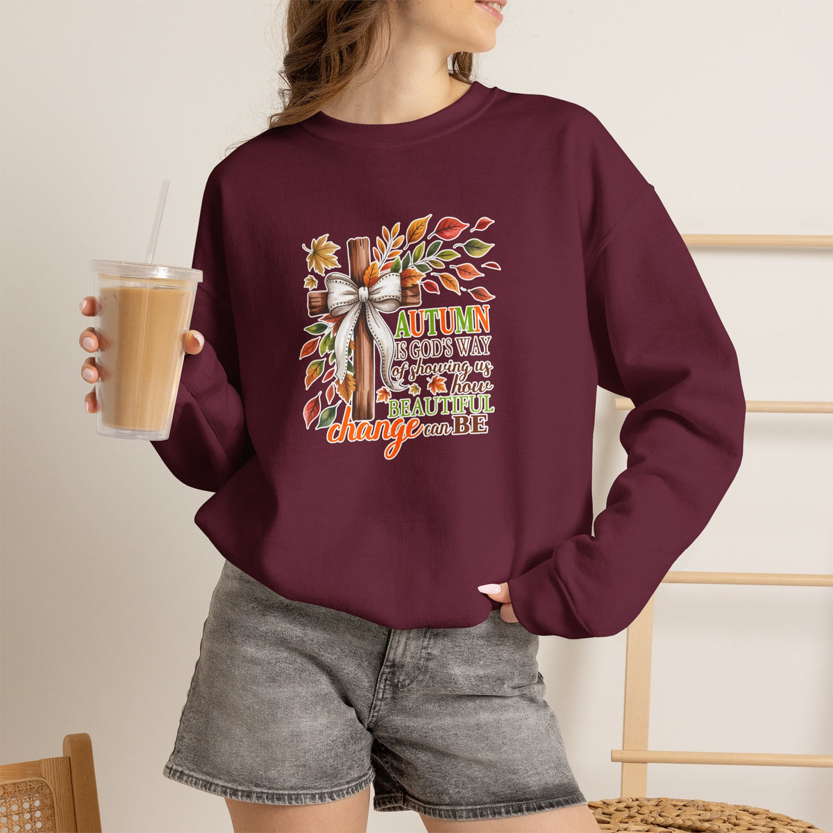 Autumn Is God’s Way Crewneck Sweatshirt — Fall Leaves Cross Graphic