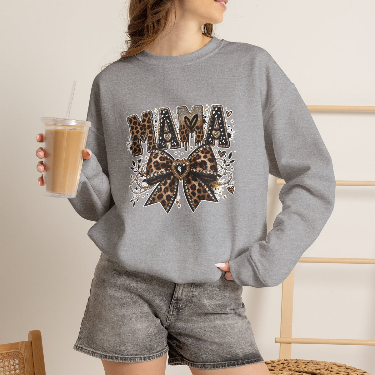Mama Leopard Bow Crewneck Sweatshirt — Feminine Leopard Print Mama Pullover