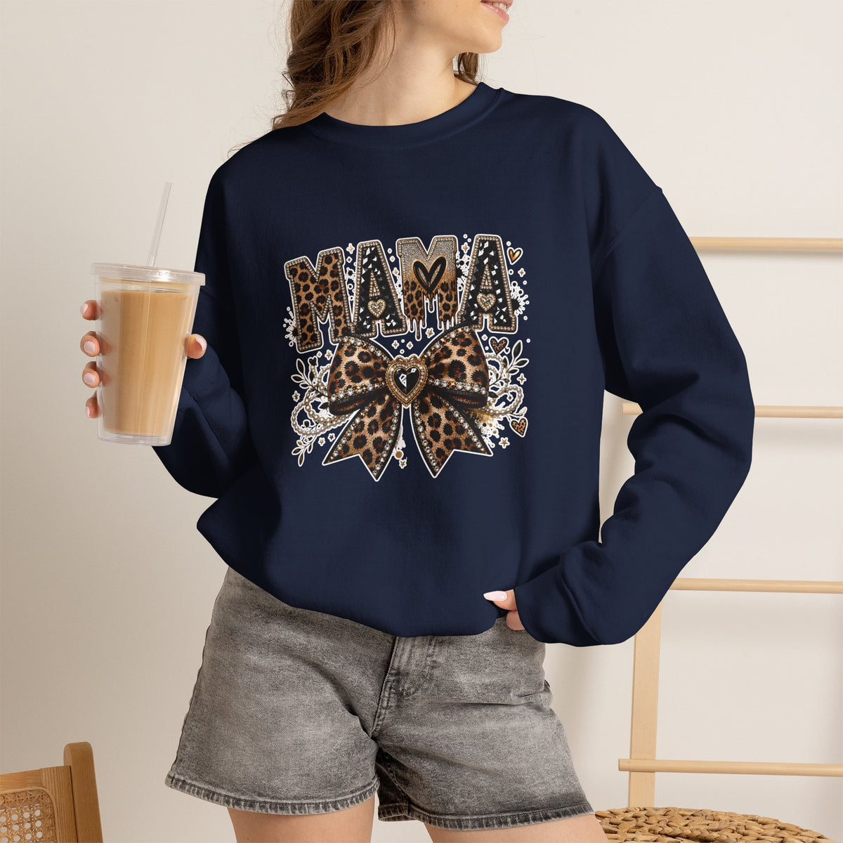 Mama Leopard Bow Crewneck Sweatshirt — Feminine Leopard Print Mama Pullover