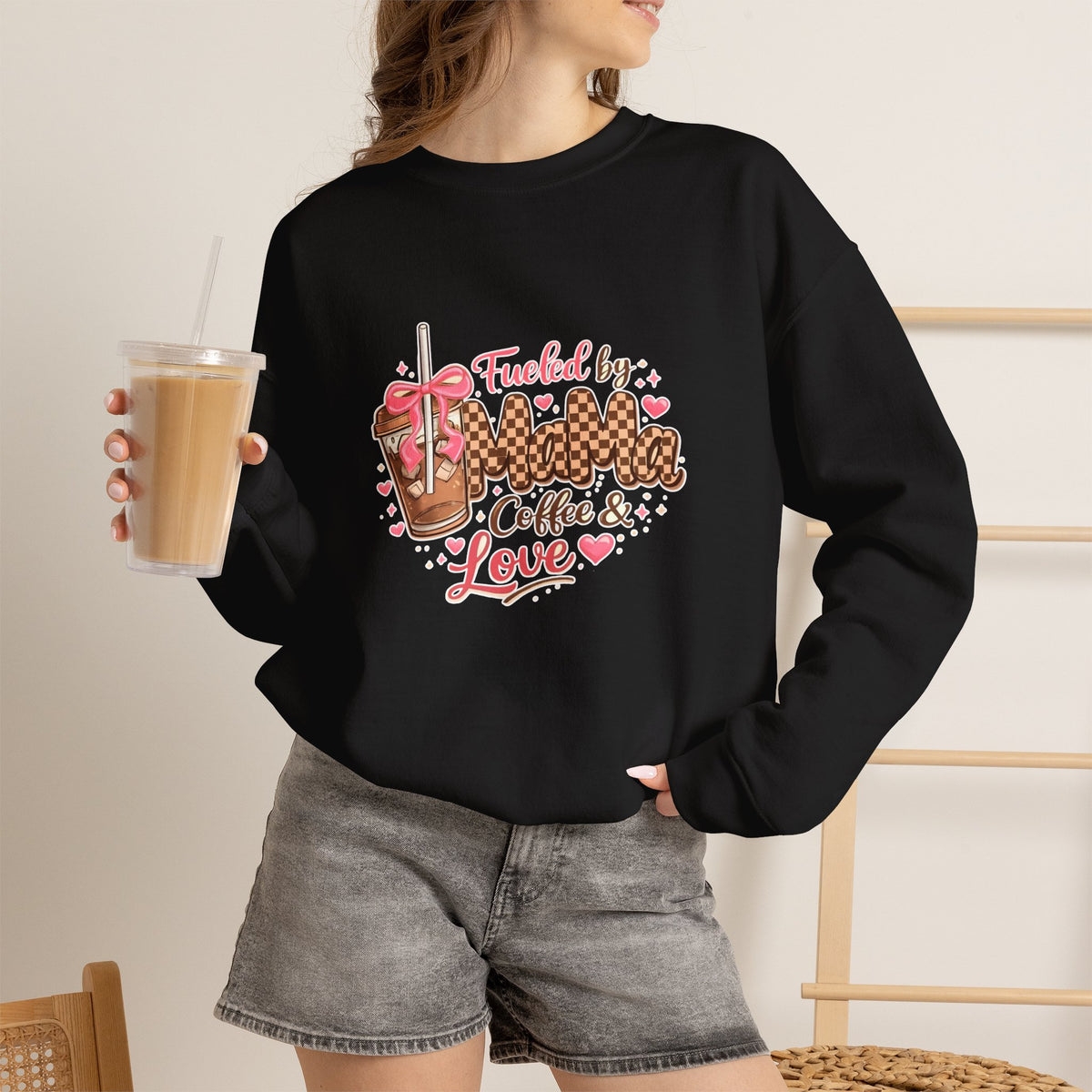 Crewneck Sweatshirt — "Fueled by Momma Coffee & Love" Cozy Leopard Coffee Design