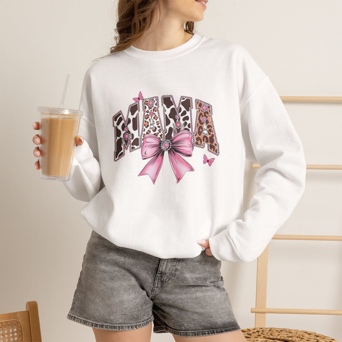 Mama Leopard Print Sweatshirt with Pink Bow — Mom Graphic Crewneck