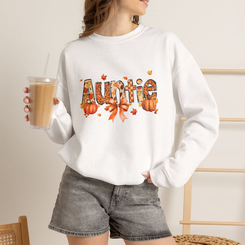 Auntie Fall Sweatshirt — Autumn Pumpkin Leaves Crewneck
