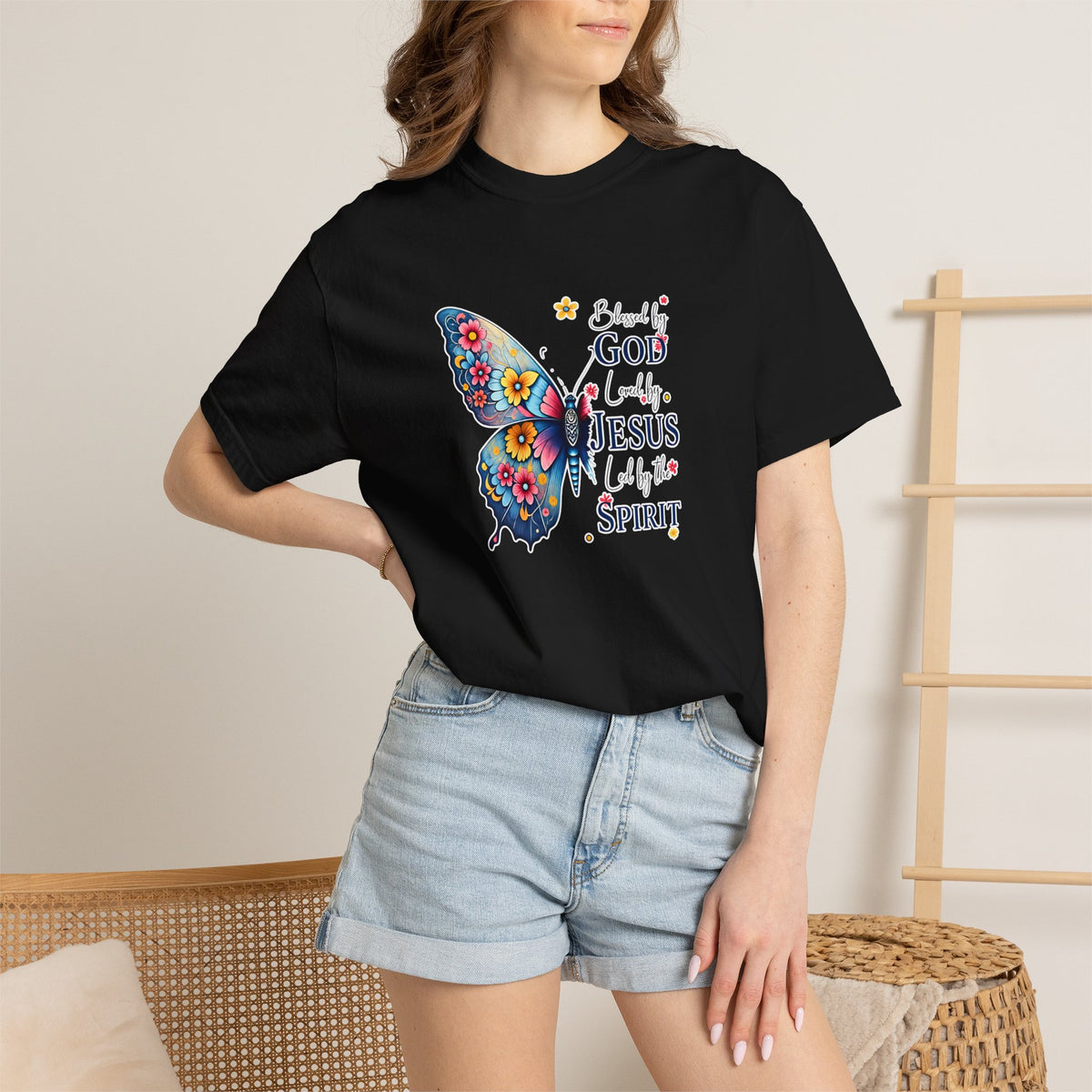 Faith Butterfly T-Shirt — Blessed by God, Filled by Jesus & the Spirit