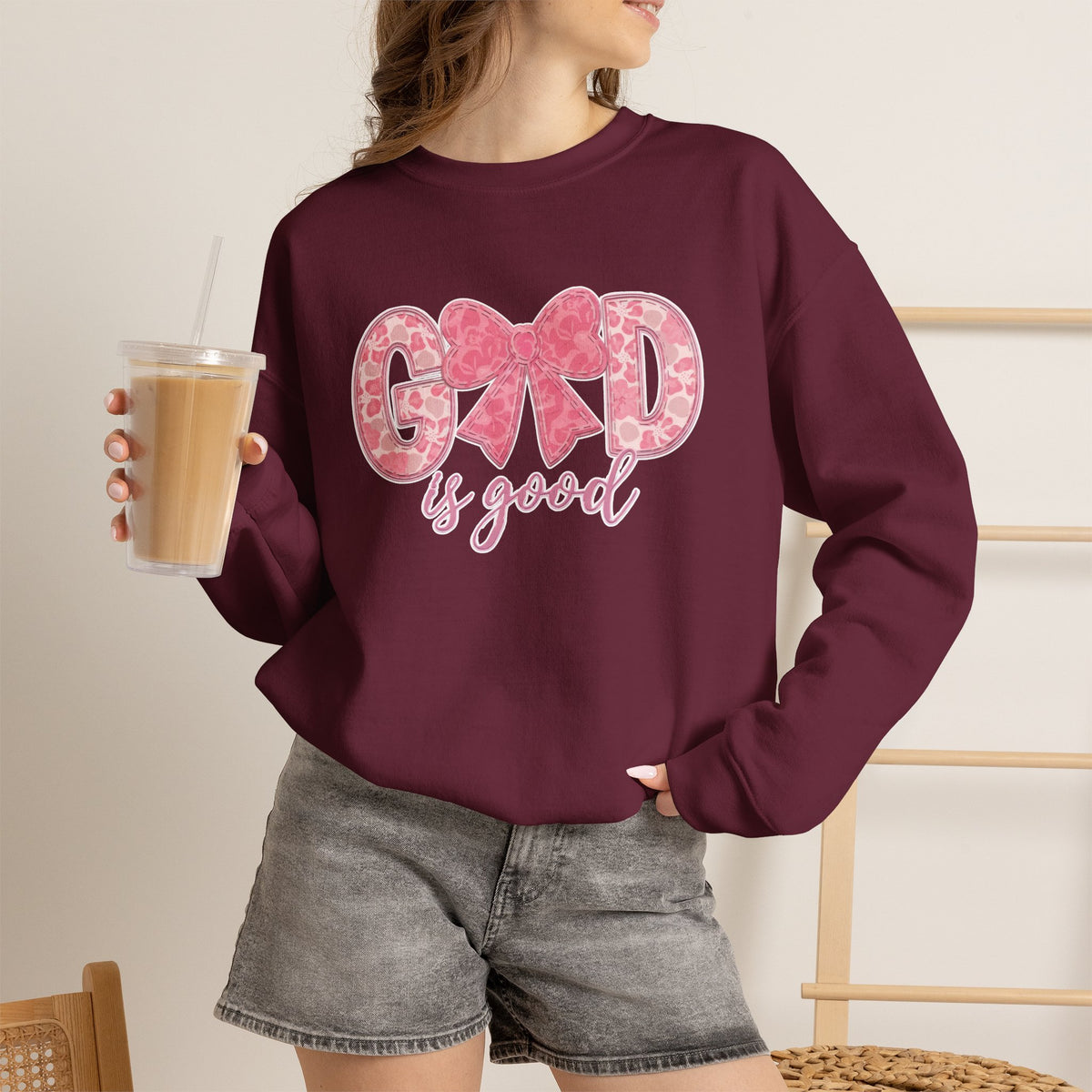 Crewneck Sweatshirt — "God is Good" Pink Bow Christian Graphic