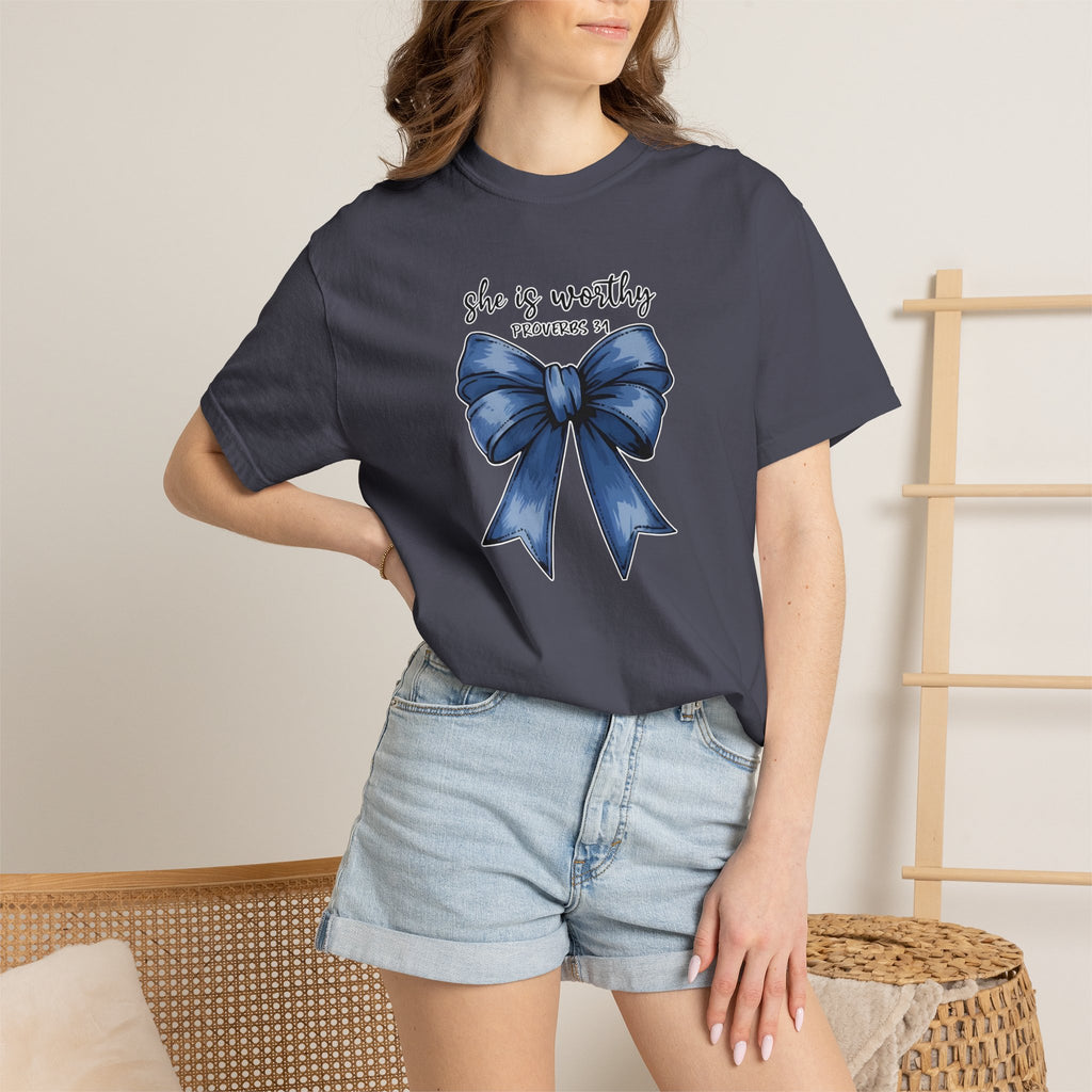 She Is Worthy Bow T-Shirt — Inspirational Christian Tee (Proverbs 31)