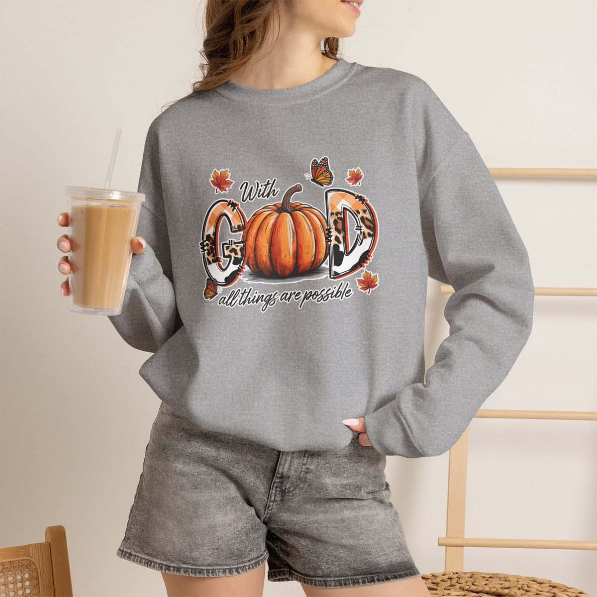 Crewneck Sweatshirt — "With God All Things Are Possible" Pumpkin Fall Faith Sweatshirt