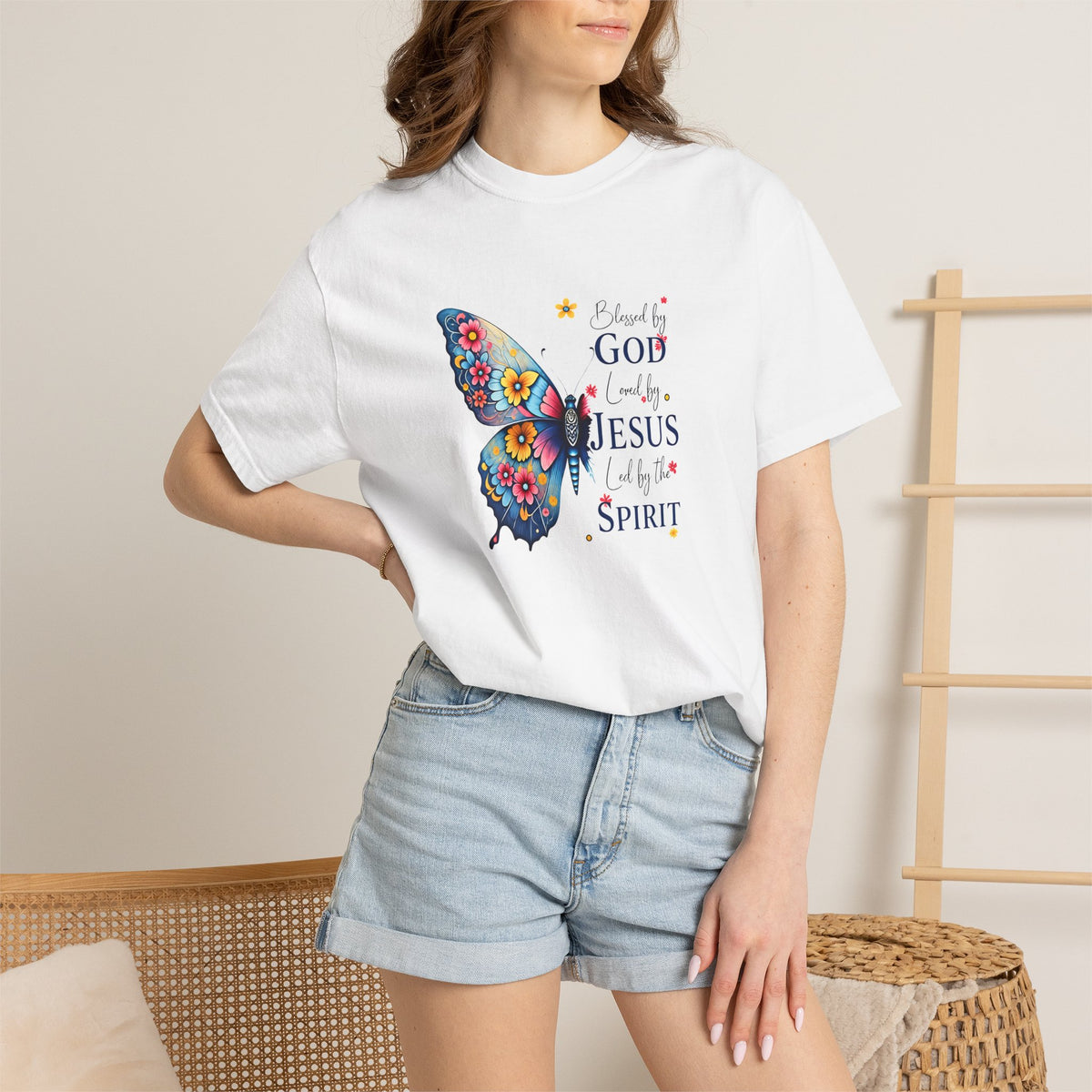 Faith Butterfly T-Shirt — Blessed by God, Filled by Jesus & the Spirit