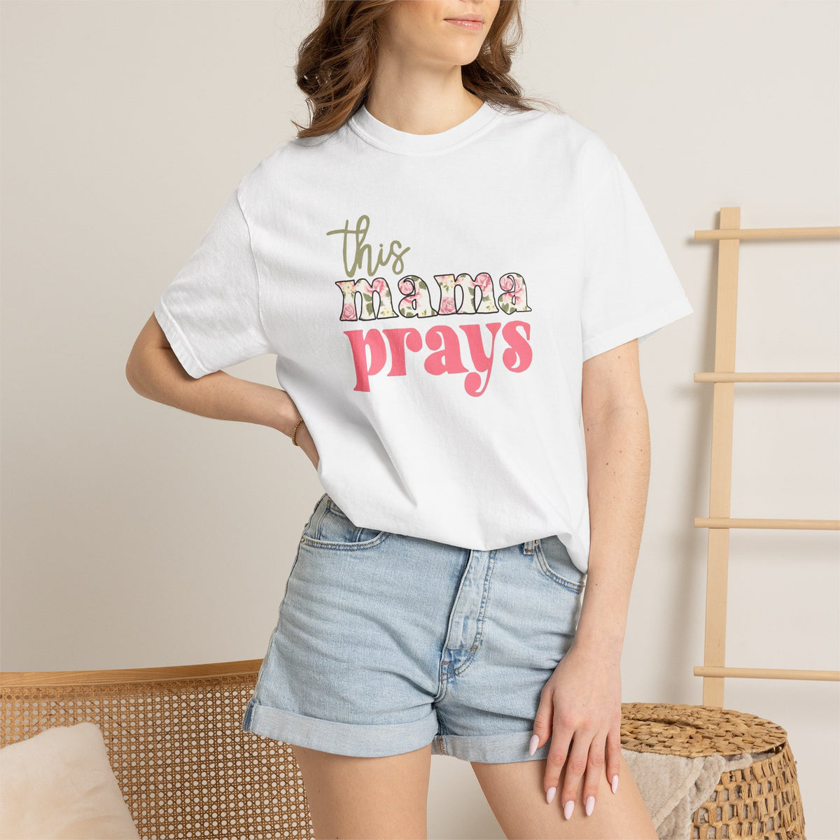 This Mama Prays T-Shirt — Floral Script Christian Mom Tee