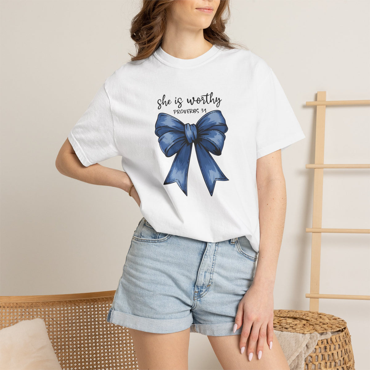 She Is Worthy Bow T-Shirt — Inspirational Christian Tee (Proverbs 31)